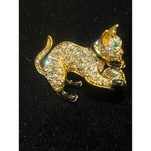 Vintage Rhinestone, black enamel Cat Brooch